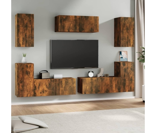 Set de muebles de TV 7 pzas madera contrachapada roble ahumado