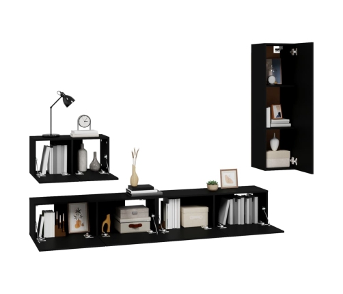 Set de muebles para TV 4 piezas madera contrachapada negro