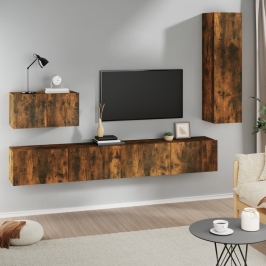 Set de muebles de TV 4 pzas madera contrachapada roble ahumado