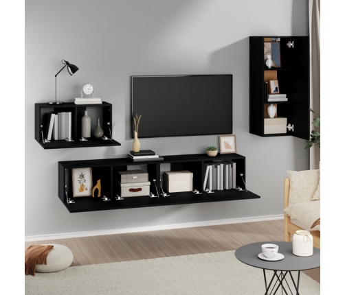 Set de muebles para TV 4 piezas madera contrachapada negro