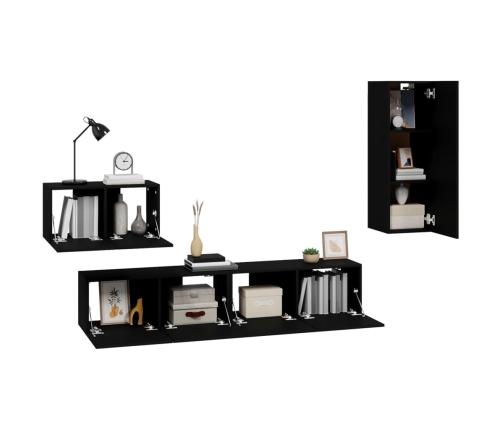 Set de muebles para TV 4 piezas madera contrachapada negro