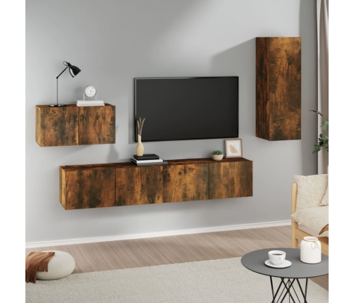 Set de muebles de TV 4 pzas madera contrachapada roble ahumado