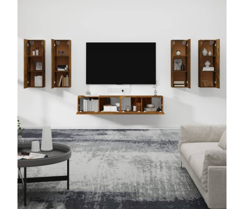 Set de muebles de TV 6 pzas madera contrachapada roble ahumado