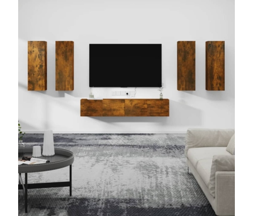 Set de muebles de TV 6 pzas madera contrachapada roble ahumado