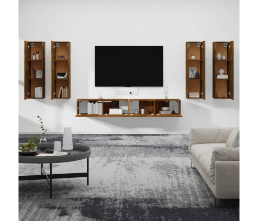 Set de muebles de TV 6 pzas madera contrachapada roble ahumado