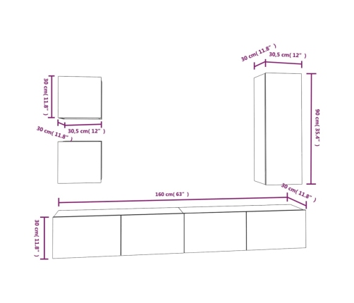 Set de muebles para TV 5 piezas madera contrachapada negro