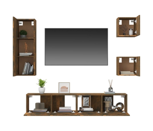 Set de muebles de TV 5 pzas madera contrachapada roble ahumado