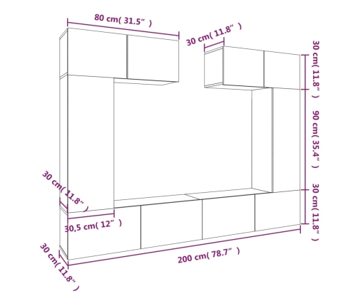 Set de muebles de TV 6 pzas madera contrachapada roble ahumado