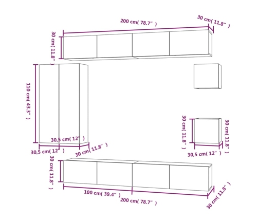 Set de muebles para TV 8 pzas madera contrachapada roble Sonoma