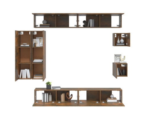 Set de muebles de TV 8 pzas madera contrachapada roble ahumado