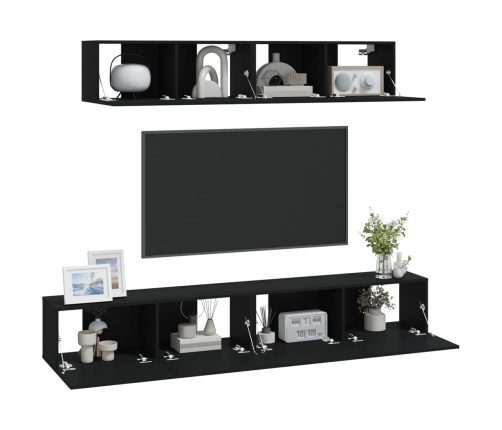 Set de muebles para TV 4 piezas madera contrachapada negro