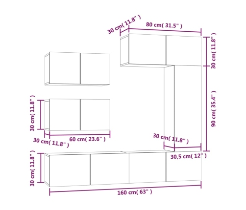 Set de muebles para TV 6 piezas madera contrachapada negro