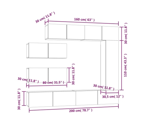 Set de muebles para TV 7 piezas madera contrachapada blanco