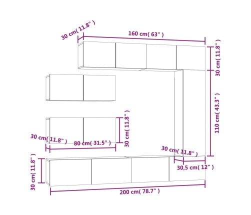 Set de muebles para TV 7 piezas madera contrachapada negro