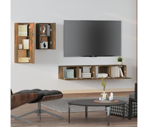 Set de muebles de TV 4 pzas madera contrachapada roble ahumado