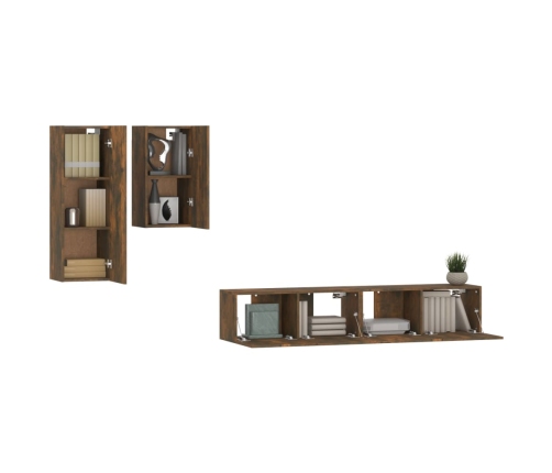 Set de muebles de TV 4 pzas madera contrachapada roble ahumado