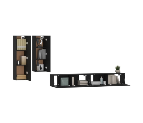 Set de muebles para TV 4 piezas madera contrachapada negro