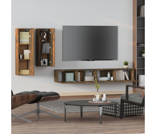 Set de muebles de TV 4 pzas madera contrachapada roble ahumado