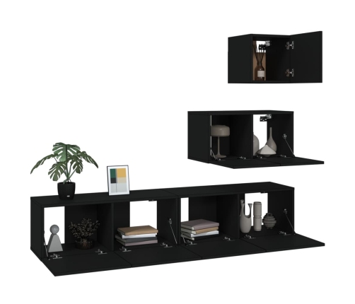 Set de muebles para TV 4 piezas madera contrachapada negro