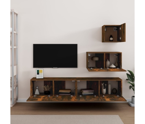 Set de muebles de TV 4 pzas madera contrachapada roble ahumado