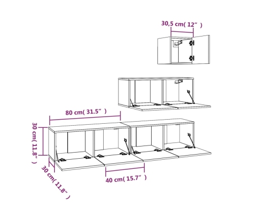 Set de muebles para TV 4 pzas madera contrachapada marrón roble