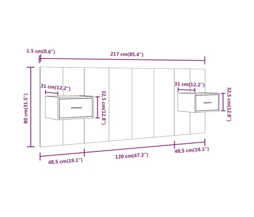 vidaXL Cabecero de cama con mesitas madera contrachapada roble Sonoma