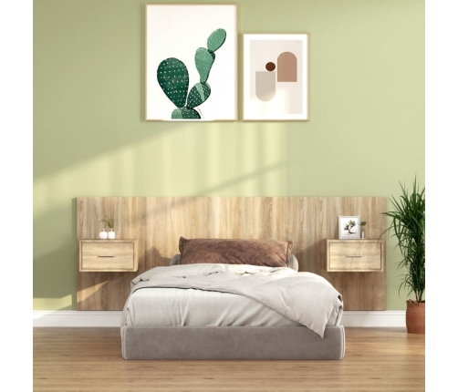 vidaXL Cabecero de cama con mesitas madera contrachapada roble Sonoma