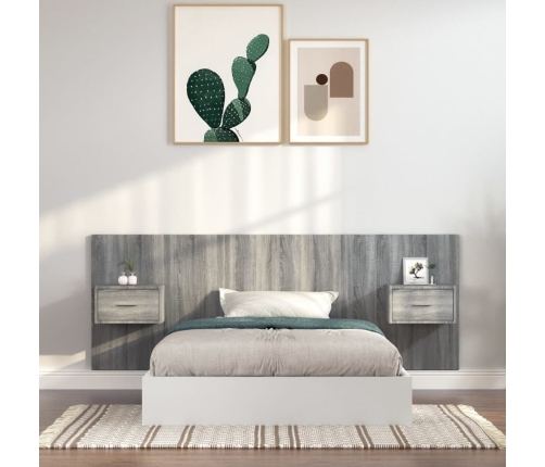 Cabecero de cama con mesitas madera contrachapada gris Sonoma