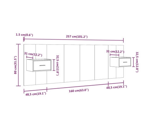 vidaXL Cabecero de cama y mesitas madera contrachapada gris hormigón