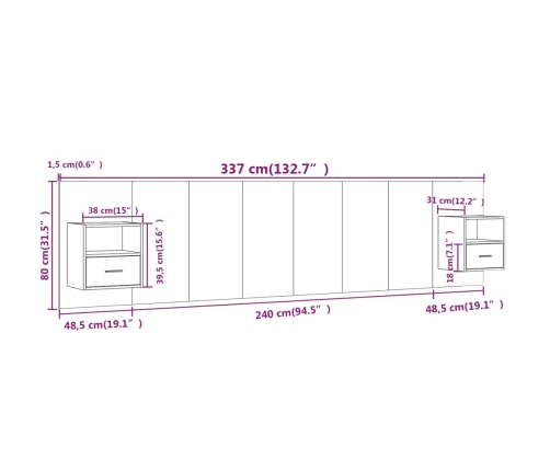 vidaXL Cabecero de cama con mesitas madera contrachapada roble ahumado