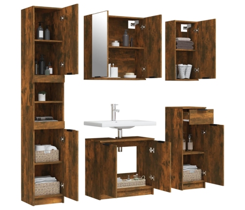 Set muebles de baño 5 piezas madera contrachapada roble ahumado