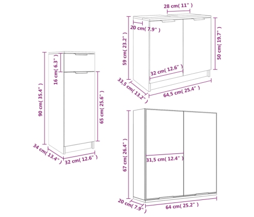 Set de muebles de baño 3 piezas madera contrachapada blanco