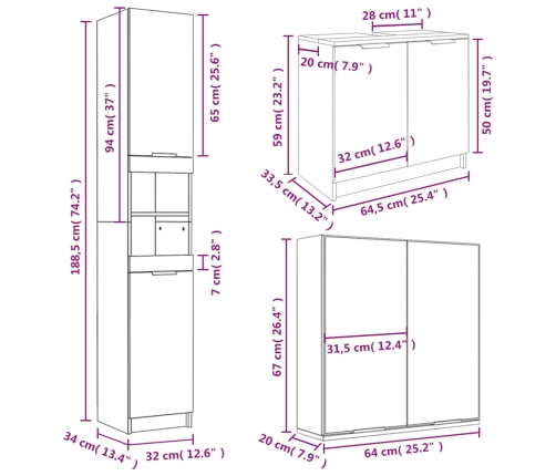 Set de muebles de baño 3 piezas madera contrachapada blanco