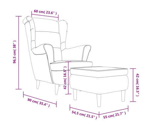 Sillón orejero y taburete de terciopelo gris claro