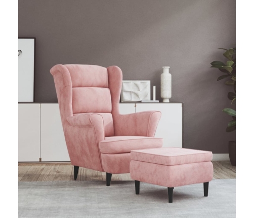 Sillón orejero y taburete de terciopelo rosa