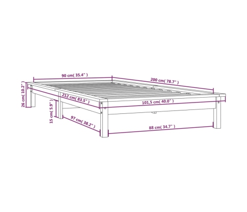 Estructura de cama madera maciza de pino gris 90x200 cm