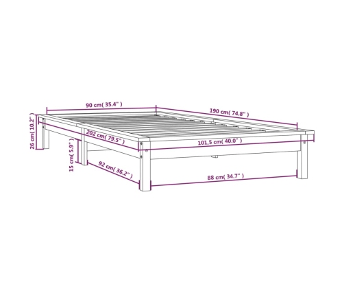 Estructura cama individual madera maciza pino negra 90x190 cm