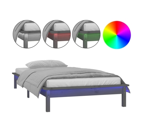 Estructura de cama con LED madera maciza gris 75x190 cm