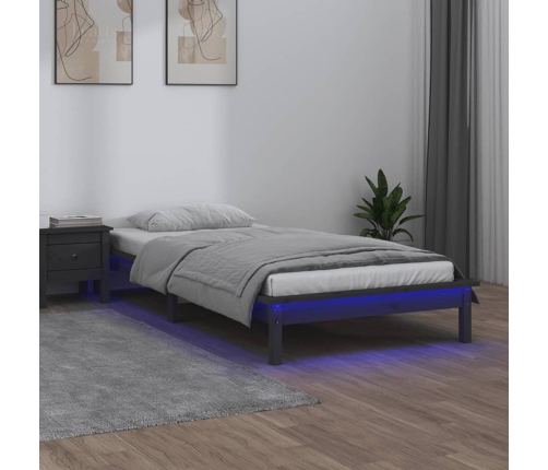 Estructura de cama con LED madera maciza gris 75x190 cm