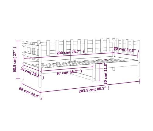 Sofá cama sin colchón madera maciza de pino gris 80x200 cm