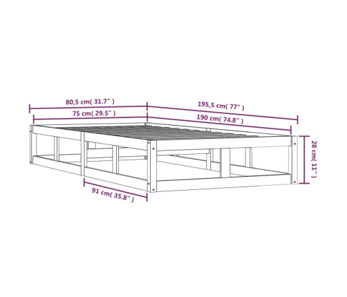 Estructura cama madera maciza individual negro 75x190 cm