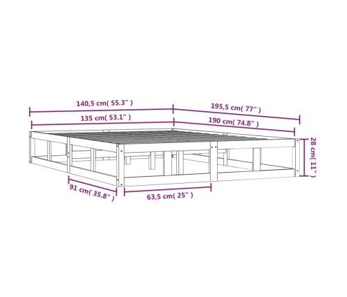 Estructura de cama doble madera maciza gris 135x190 cm