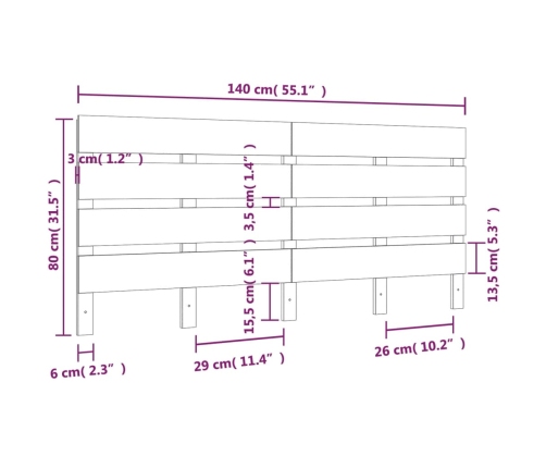 Cabecero de cama madera maciza de pino 140x3x80 cm