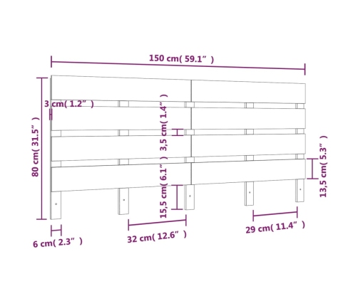 Cabecero madera maciza de pino 150x3x80 cm