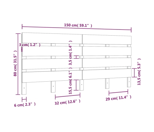 Cabecero madera maciza de pino blanco 150x3x80 cm