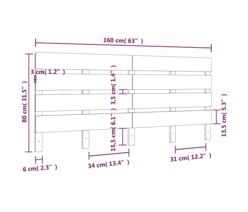 Cabecero de cama madera maciza de pino 160x3x80 cm