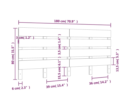 vidaXL Cabecero de cama madera maciza de pino 180x3x80 cm