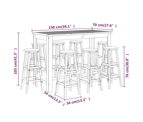 Juego muebles de bar para jardín 9 pzas madera maciza de acacia