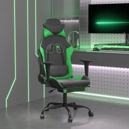 Silla gaming de masaje y reposapiés cuero sintético negro verde