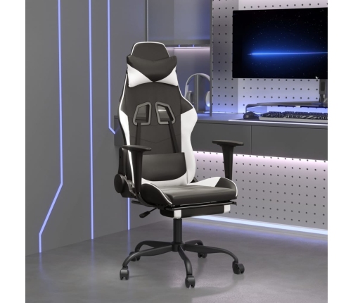 Silla gaming masaje y reposapiés cuero sintético negro blanco